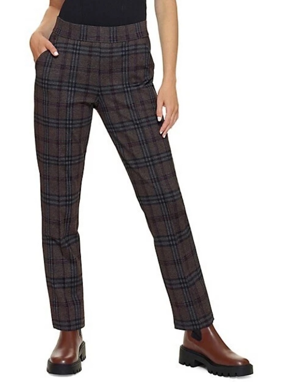 Hue Women's Plaid Ponte Knit Pull-On Trouser Brown Academia Pintuck Large